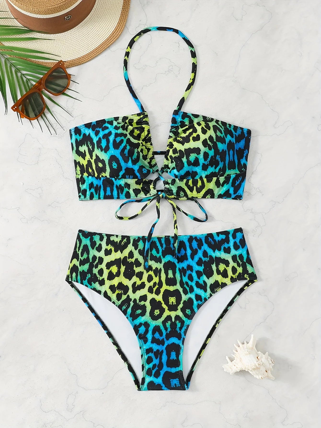 Sexy Gradient Leopard Print Halter Neck Women's Plus Size Bikini Set